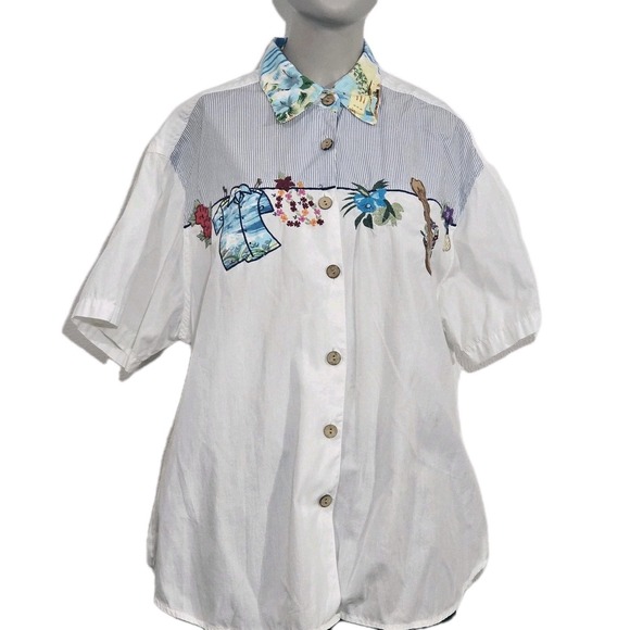 bill blass Tops - Vintage Bill Blass Shirt Women's Sz M Embroidered Button Up White Art To Wear